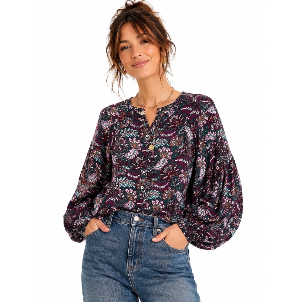 LOFT Paisley Button Front Balloon Sleeve Top SP Jewel Tone Peasant Romantic Boho